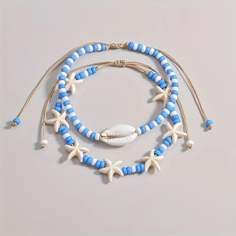 Boho Beach Anklet Set With Seashell and Starfish Charms